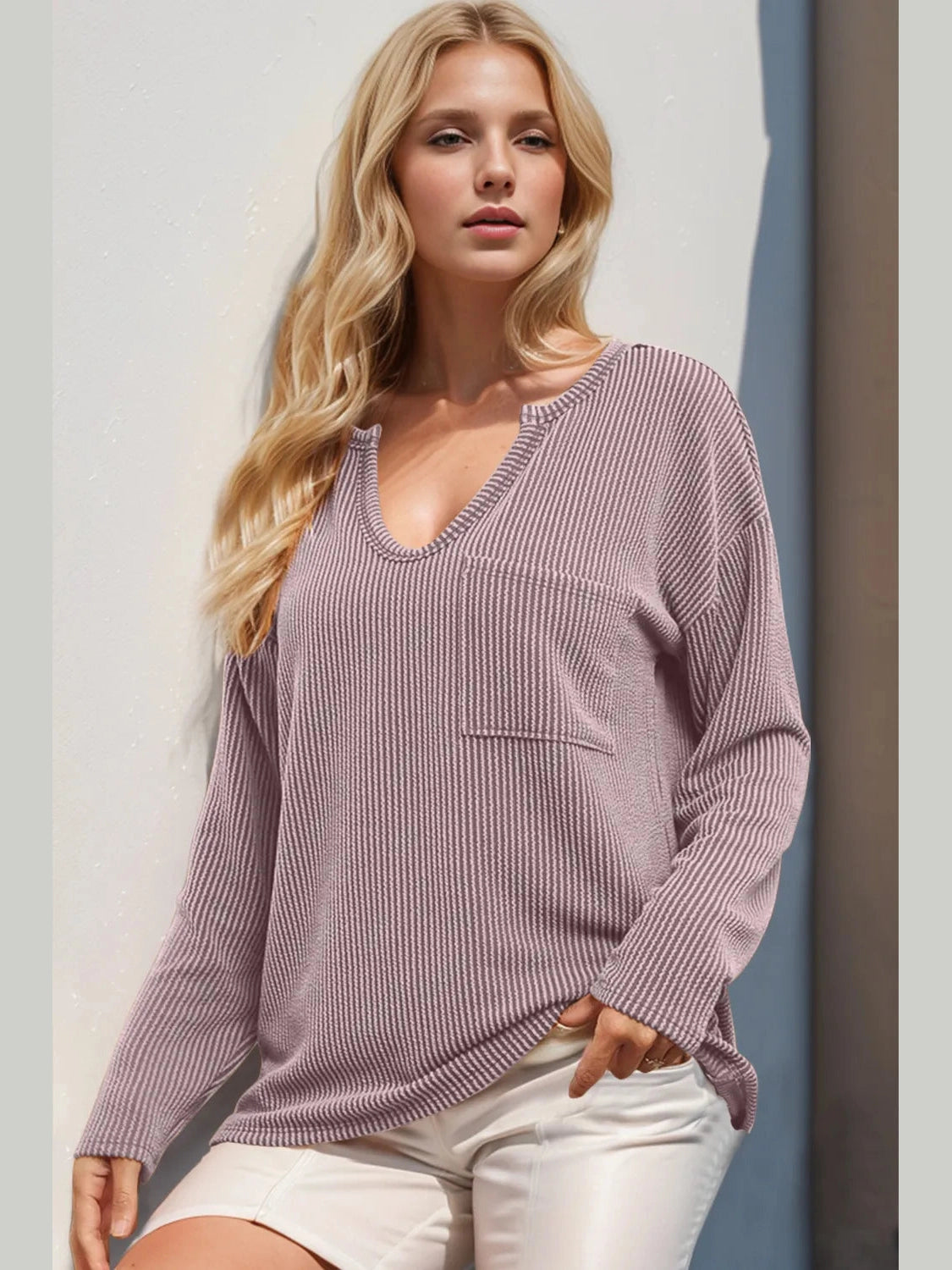 Double Take Striped Notched Long Sleeve T-Shirt NicholesGifts