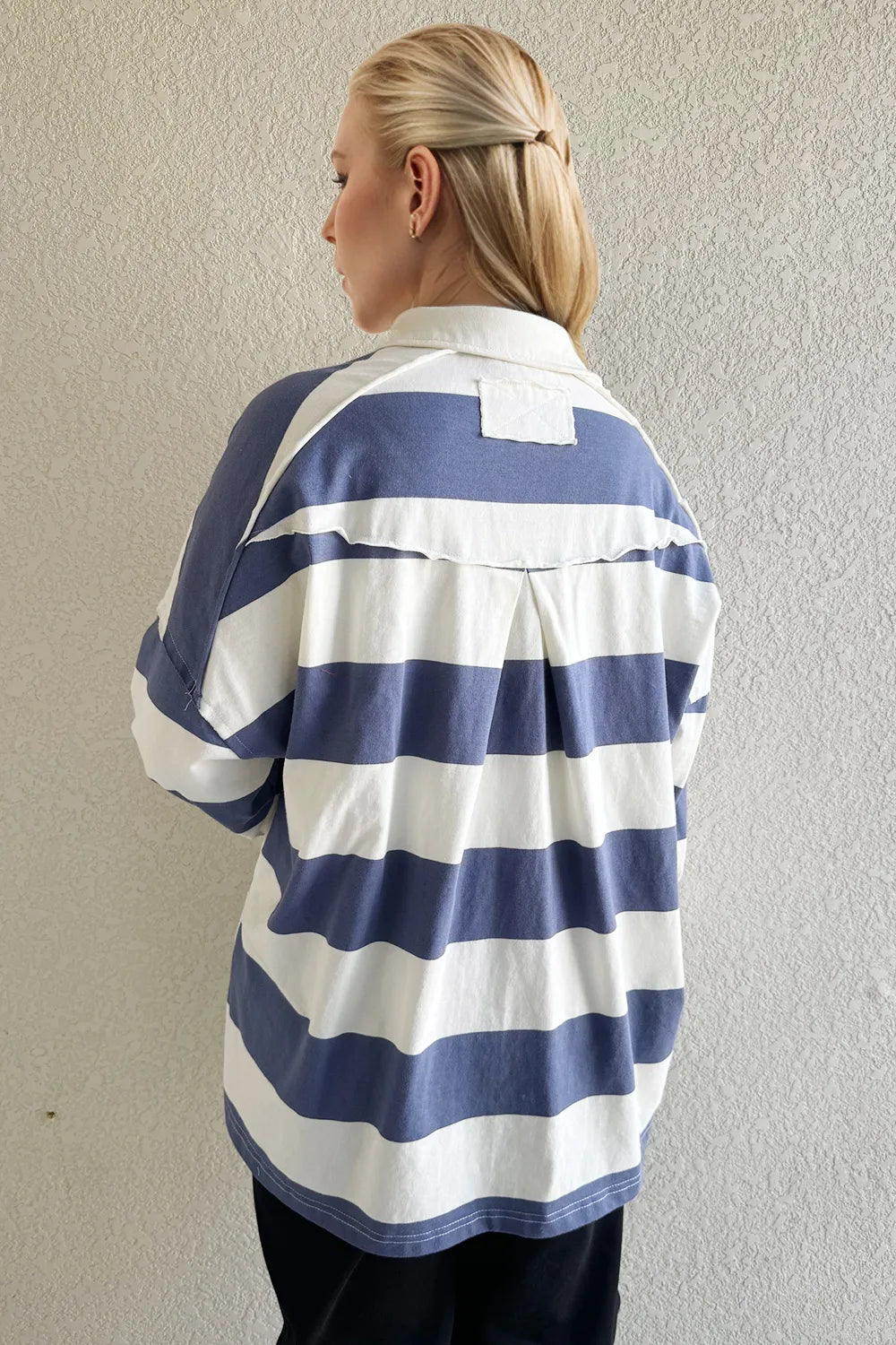 Oh Pima Cotton Wash Wide Striped Collared Neck Long Sleeve Top Trendsi