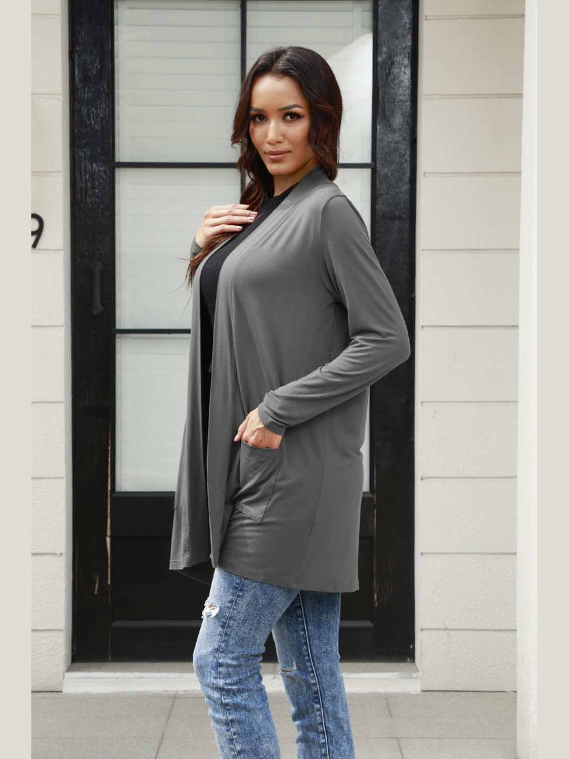 NicholesGifts Women Basic Bae Full Size Open Front Long Sleeve Cardigan with Pockets