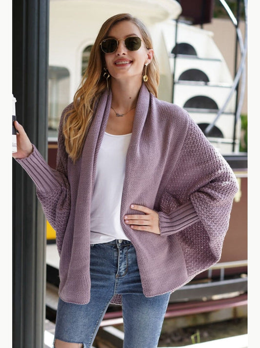 Women Double Take Dolman Sleeve Open Front Ribbed Trim Longline Cardigan