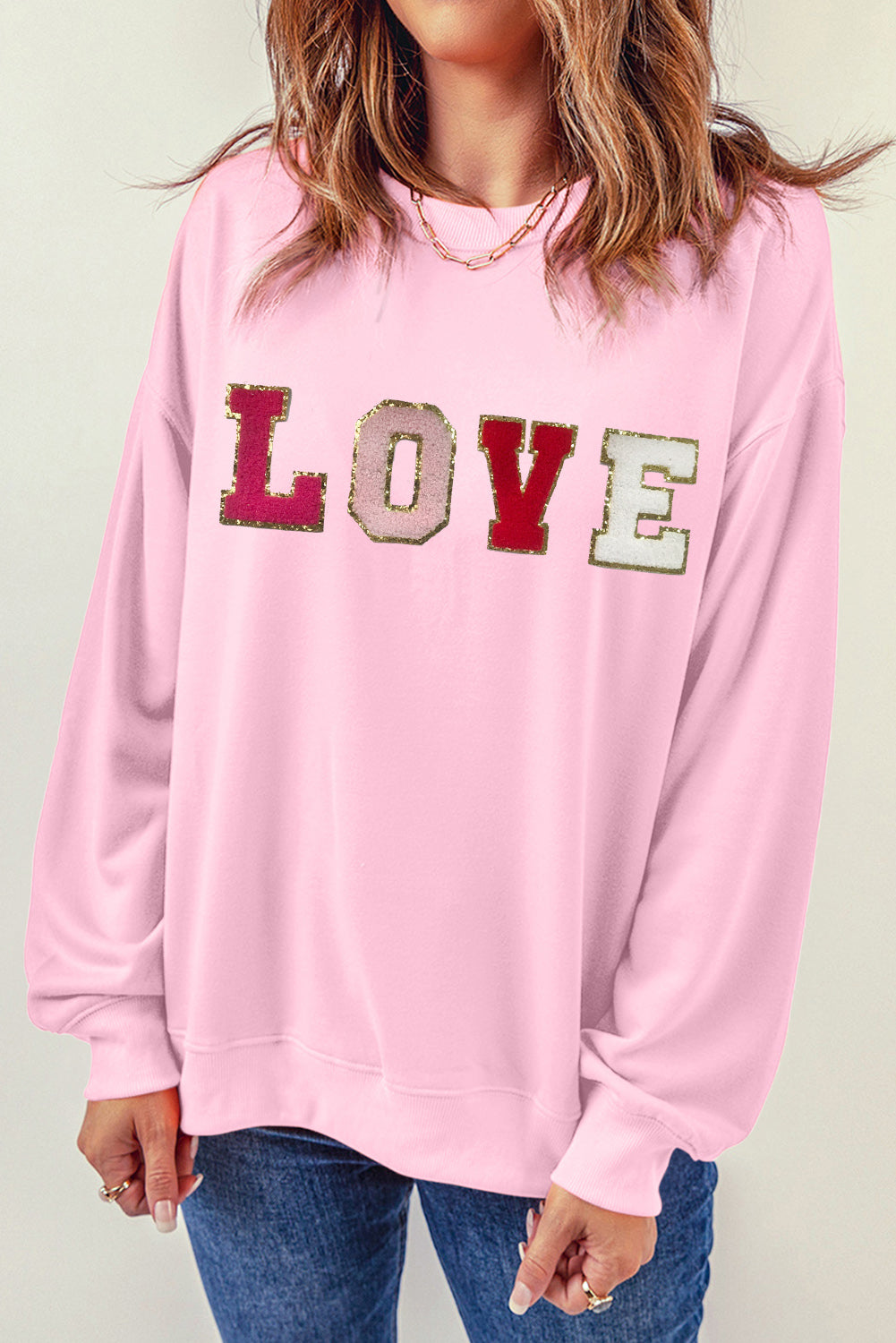 Women Love Patch Round Neck Dropped Shoulder Sweatshirt NicholesGifts