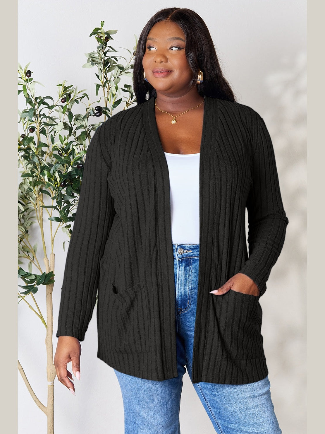 NicholesGifts Women Basic Bae Full Size Ribbed Open Front Cardigan with Pockets NicholesGifts