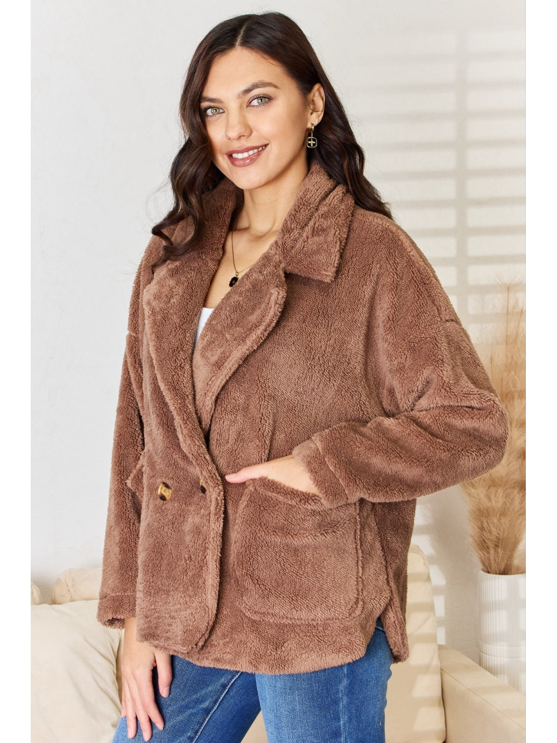 NicholesGifts Women Culture Code Double Breasted Fuzzy Coat NicholesGifts