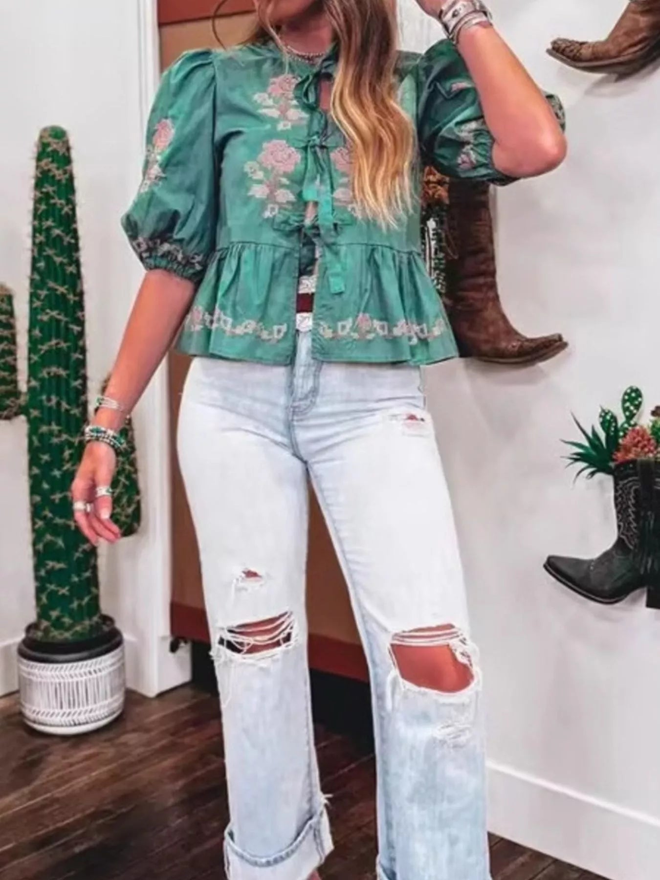 Women Green Floral Tie Front Puff Short Sleeve Blouse