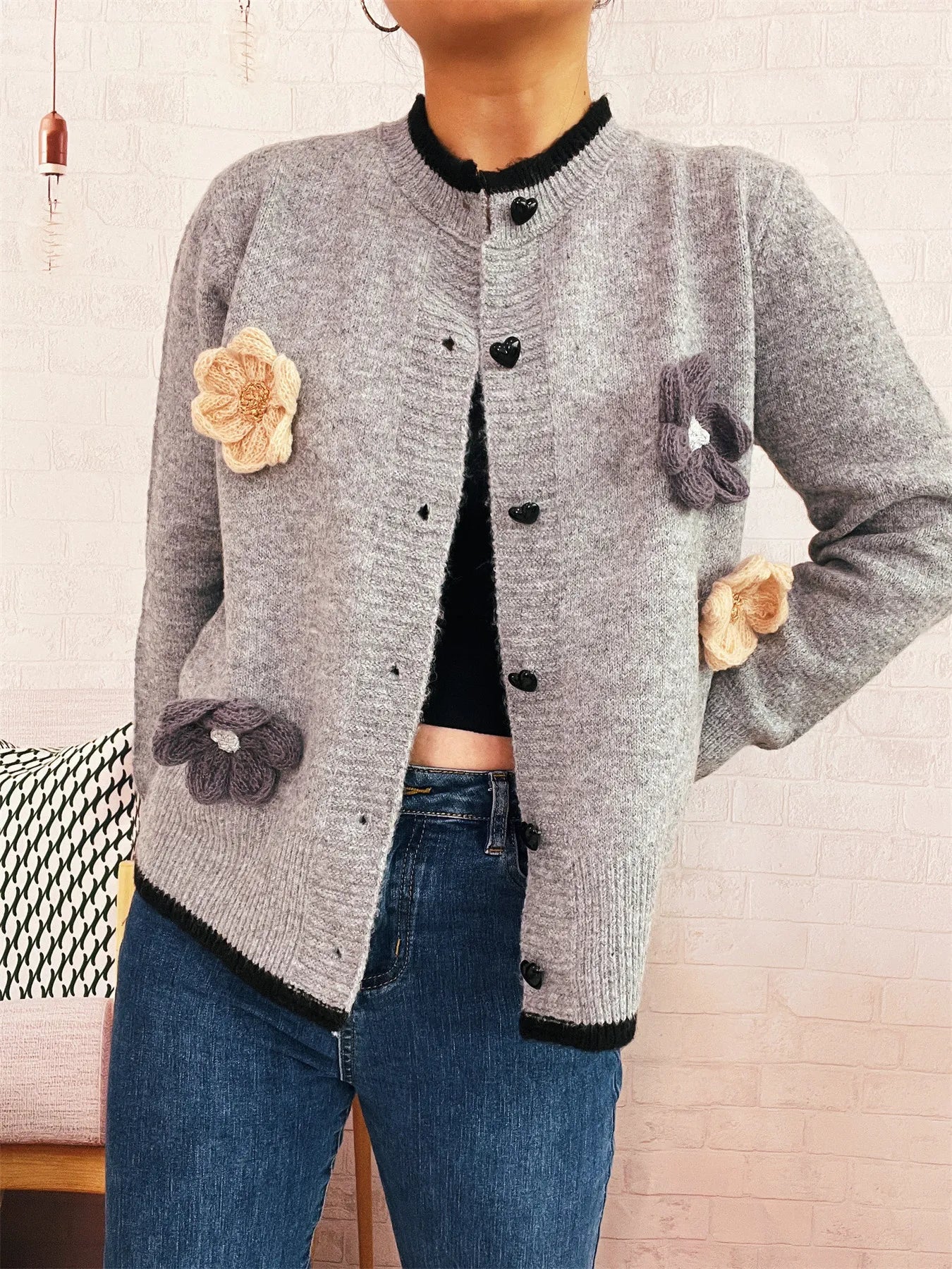 Flower Button Up Long Sleeve Cardigan
