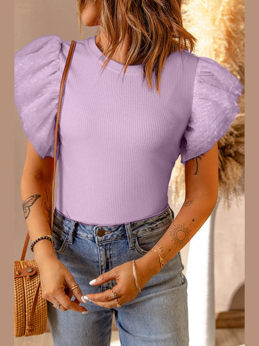 Ruffled Round Neck Cap Sleeve Top