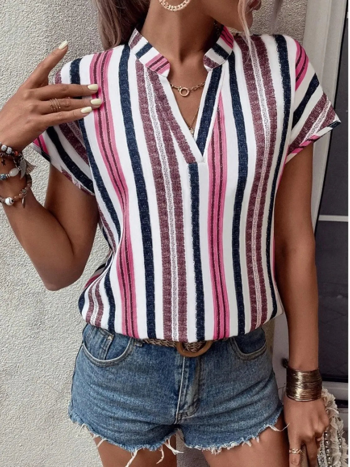 Striped Notched Short Sleeve Shirt