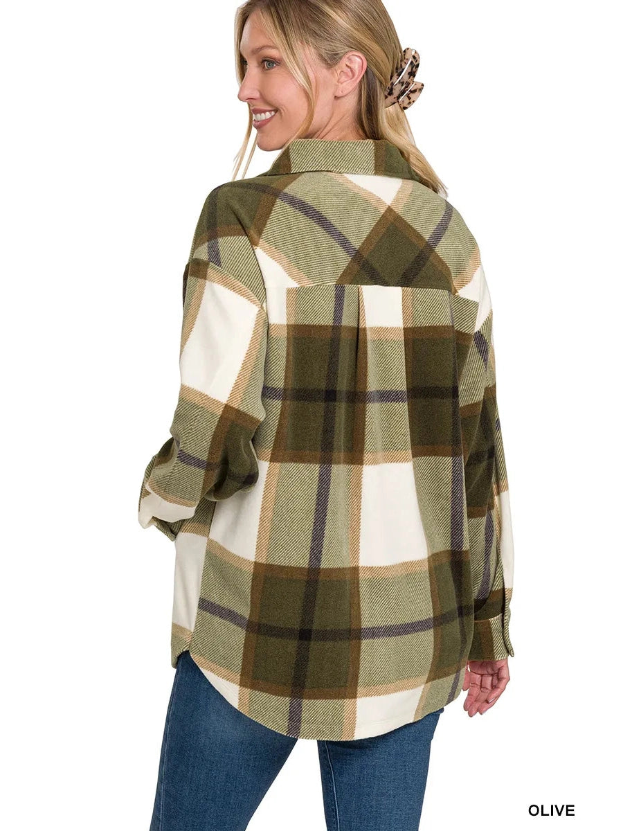 Zenana Oversized Plaid Fleece Shacket Trendsi