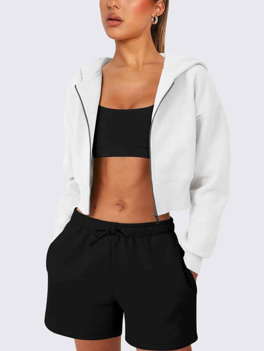 Zip Up Long Sleeve Hooded Cropped Jacket nicholesgifts