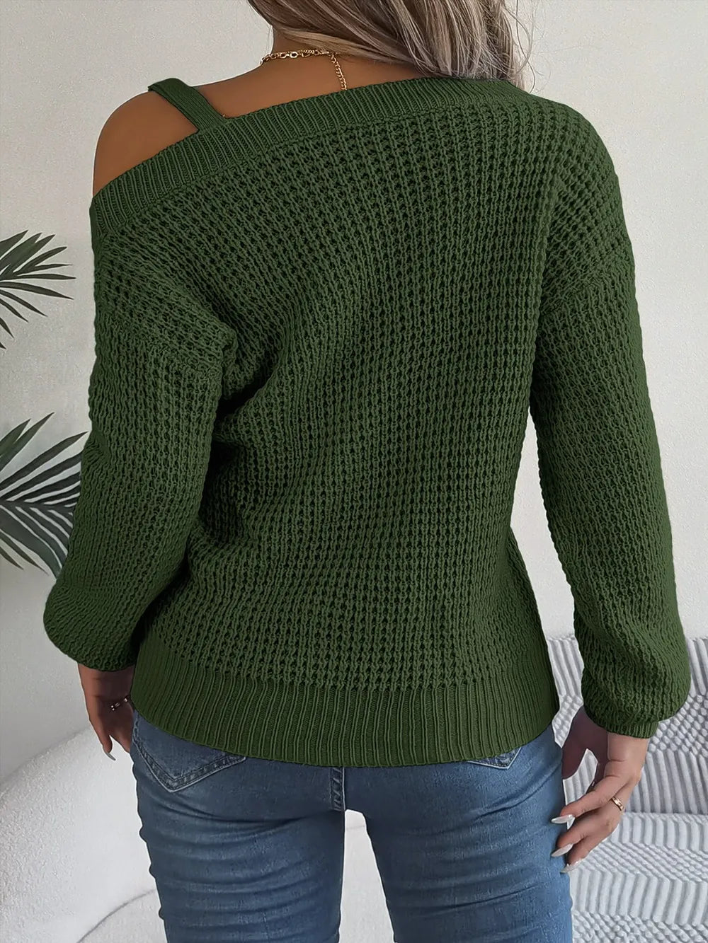 Asymmetrical Neck Long Sleeve Sweater Trendsi