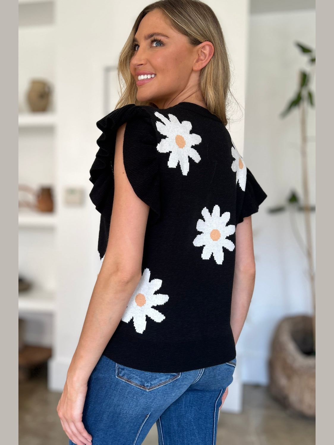 Women Double Take Full Size Ruffled Flower Round Neck Cap Sleeve Black Top NicholesGifts