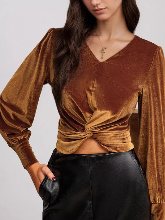 Twisted V-Neck Long Sleeve Blouse NicholesGifts
