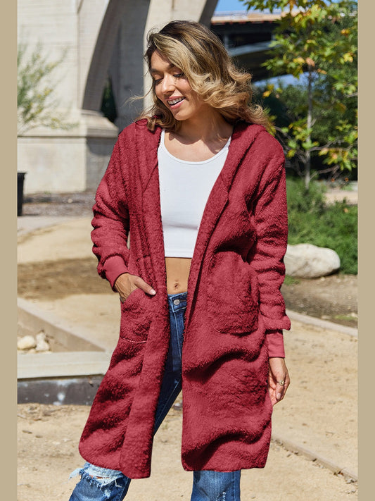 Women Double Take Full Size Hooded Teddy Bear Jacket with Thumbholes