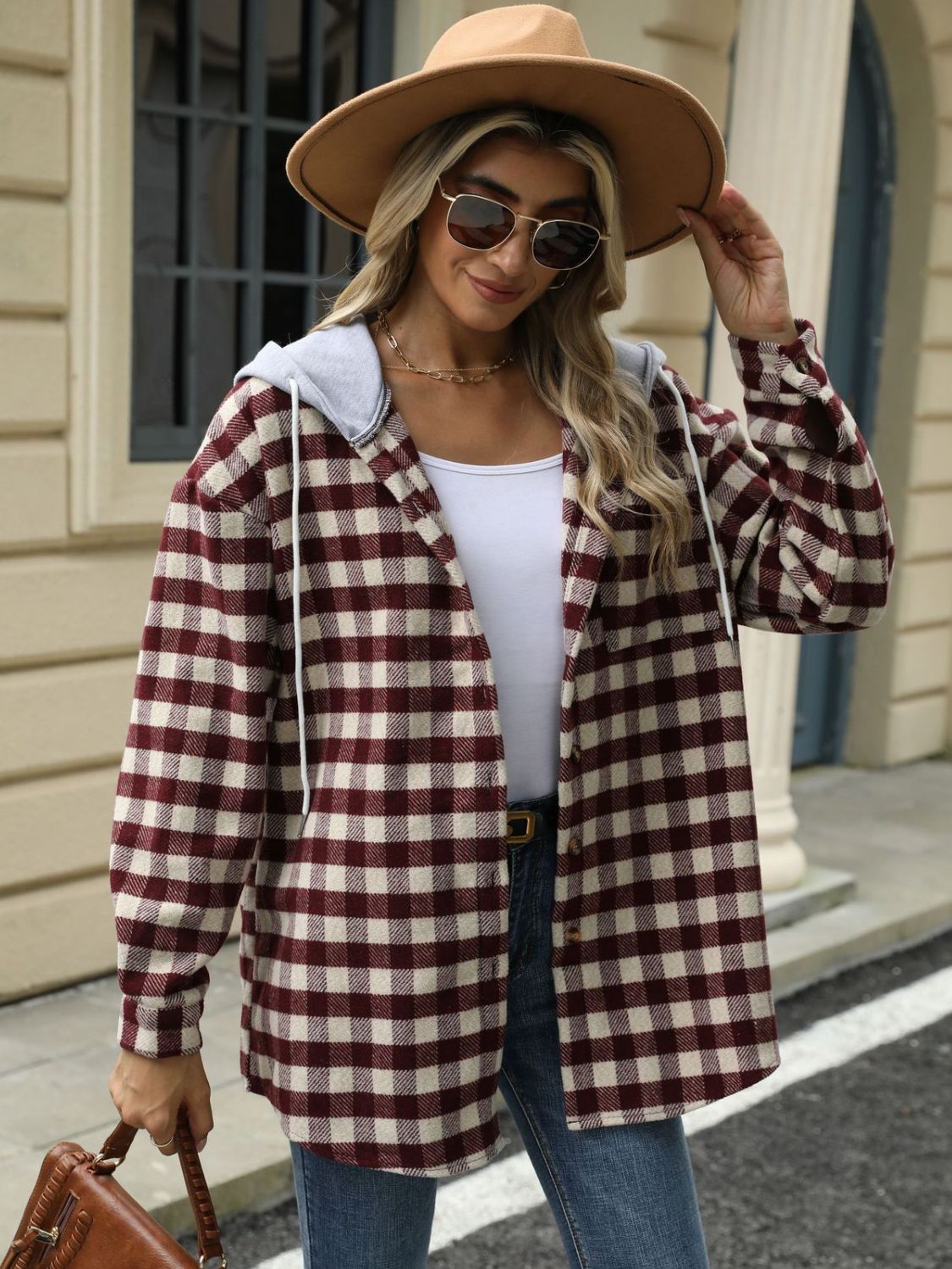 NicholesGifts Women Drawstring Plaid Long Sleeve Hooded Jacket NicholesGifts