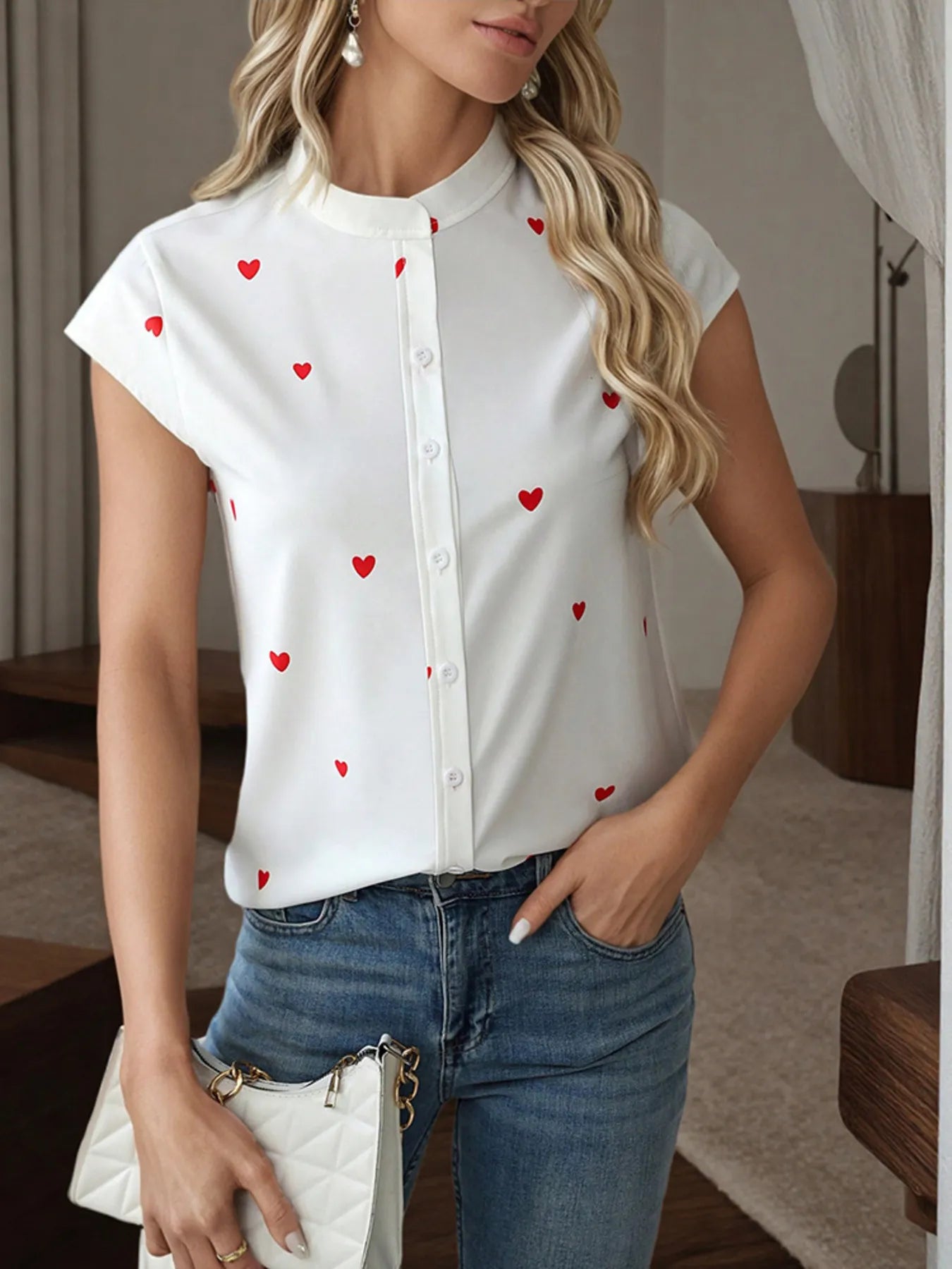 Heart Print Cap Sleeve Button-Up Shirt Trendsi