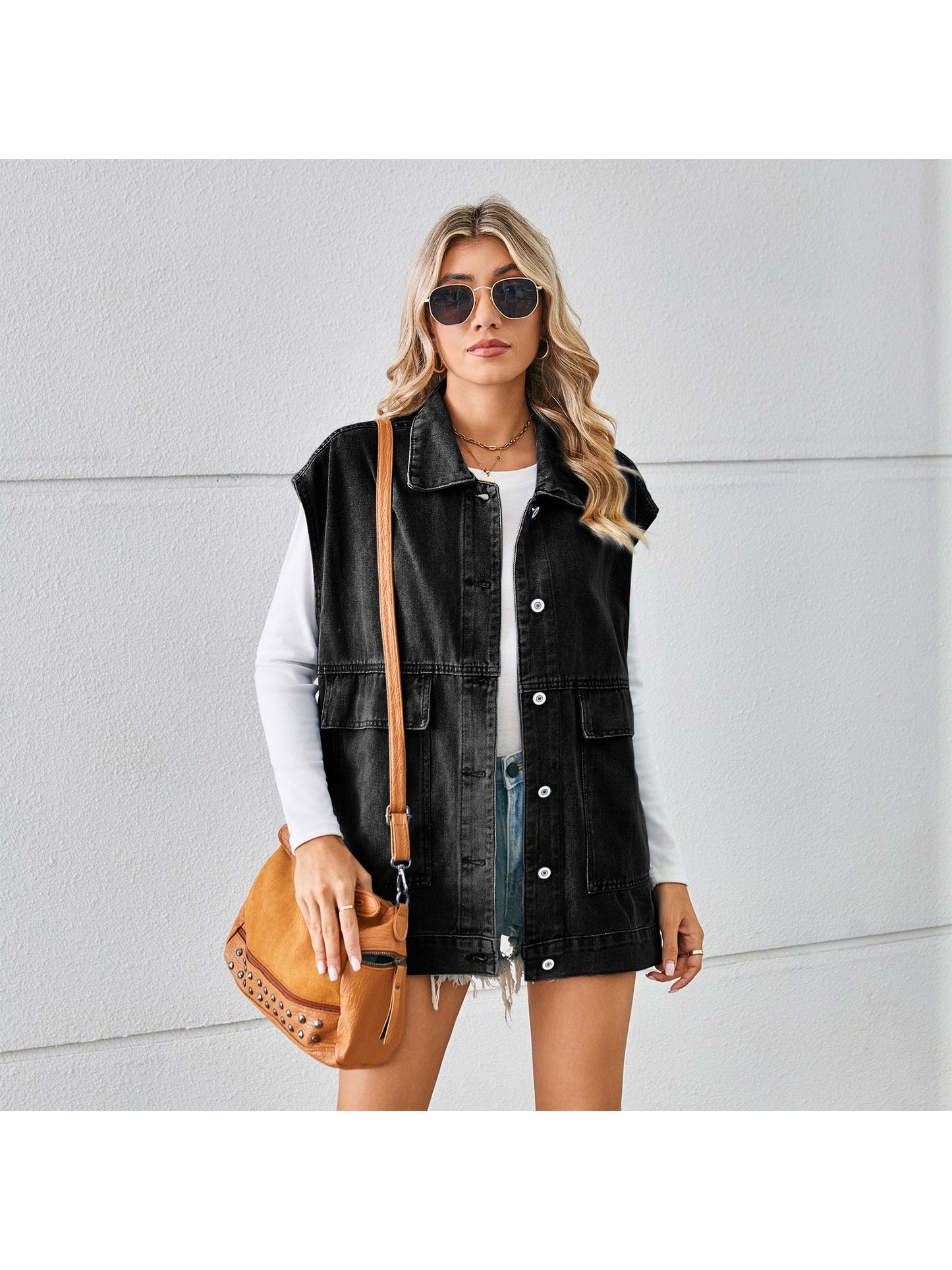 Pocketed Button Up Sleeveless Denim Jacket NicholesGifts