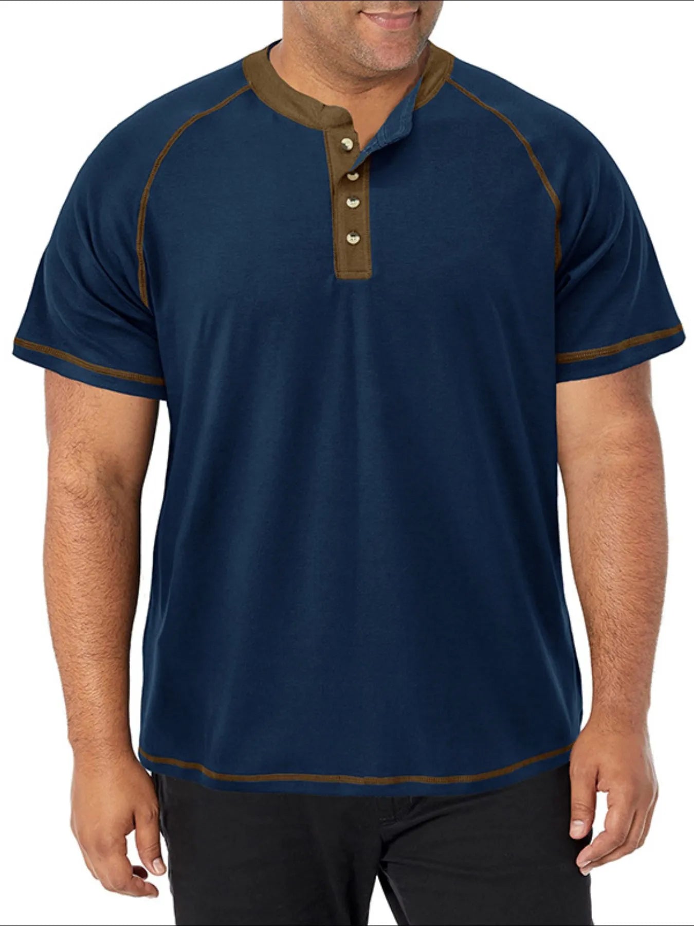 Men's Plus Size Contrast Stitch Henley Polo Shirt