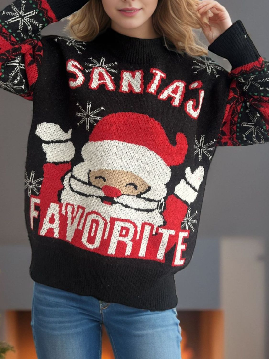 Santa Mock Neck Long Sleeve Sweater NicholesGifts