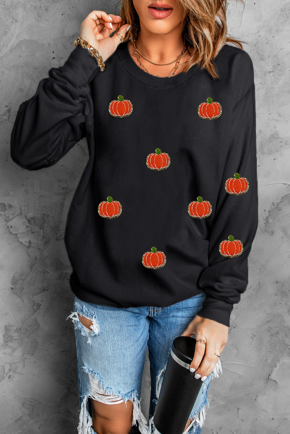 Pumpkin Round Neck Long Sleeve Sweatshirt NicholesGifts