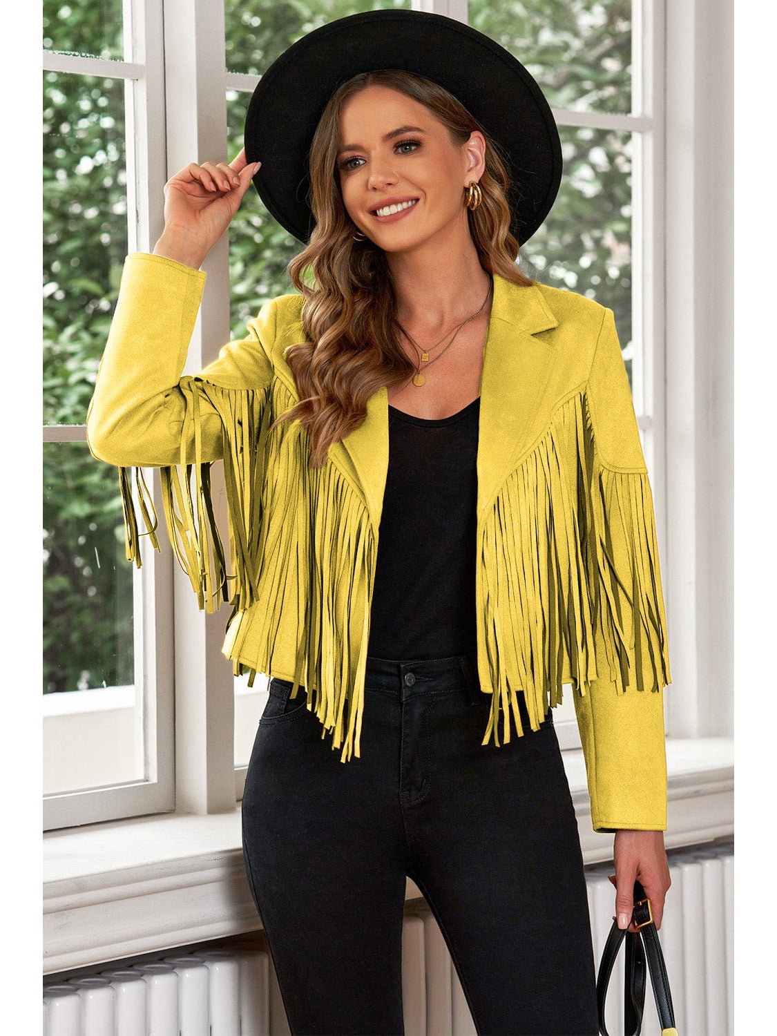 Fringe Trim Lapel Collar Cropped Blazer NicholesGifts
