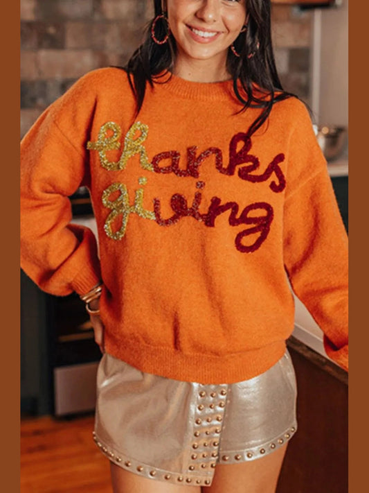 THANKSGIVING Round Neck Dropped Shoulder Sweater Trendsi