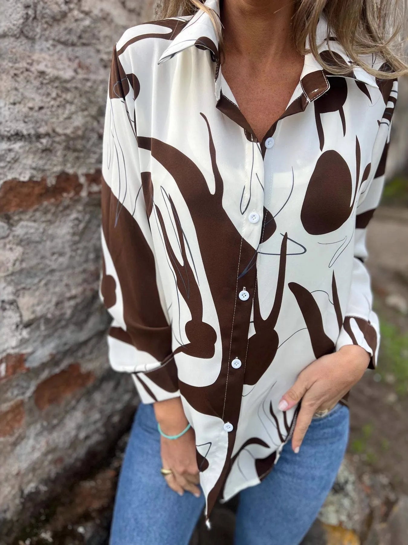 Full Size Abstract Print Long Sleeve Button-Up Shirt Plus Size NicholesGifts