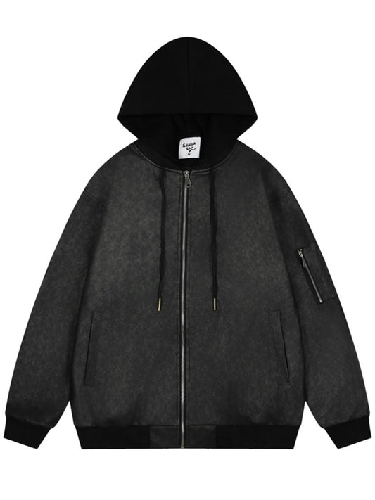 Men's Drawstring Washed Zip Up Hooded Jacket Trendsi