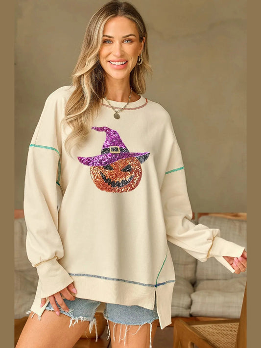 Contrast Stitching Sequin Pumpkin Round Neck Long Sleeve Sweatshirt