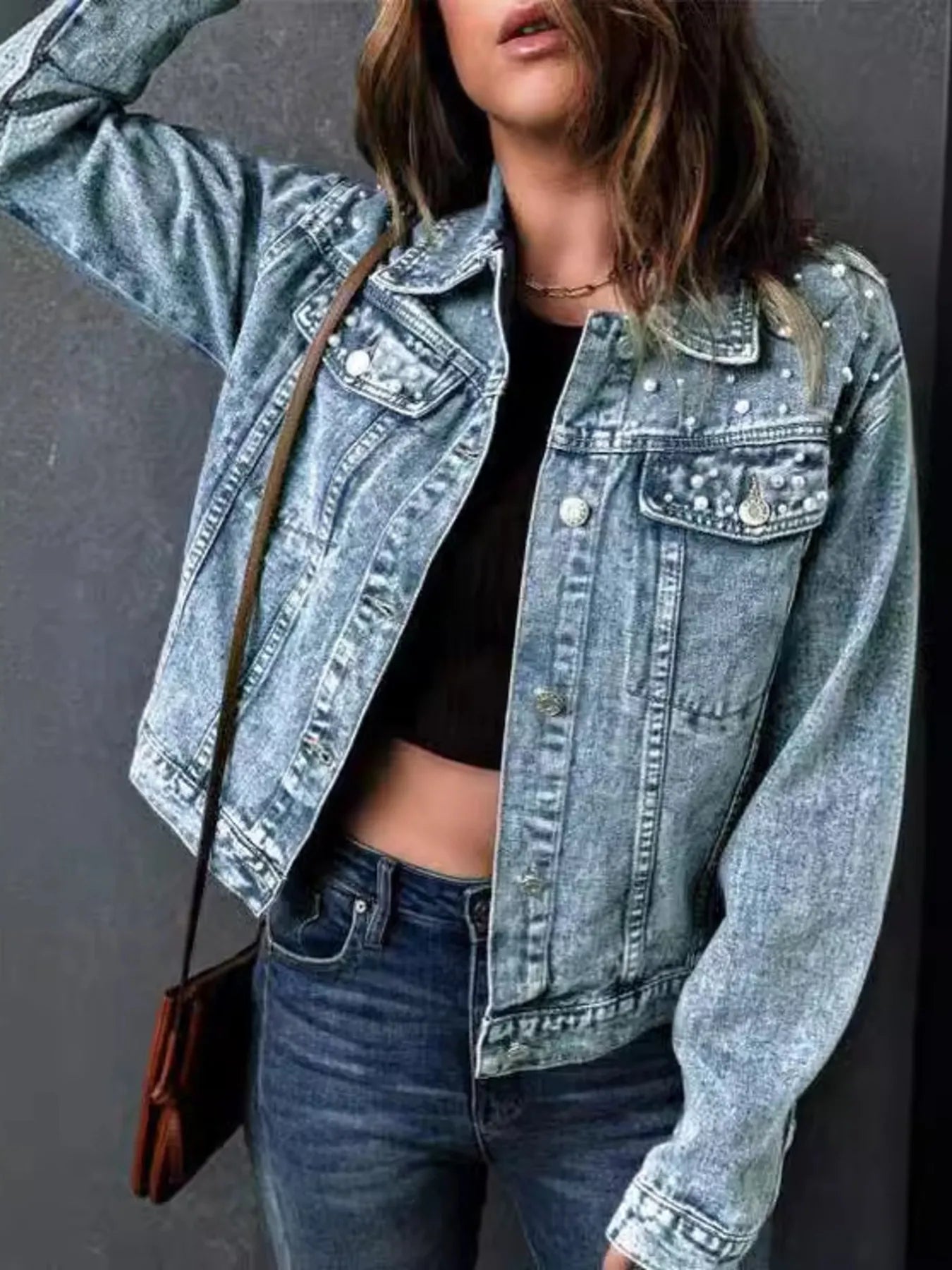 Full Size Pearl Detail Button Up Long Sleeve Denim Jacket Plus Size