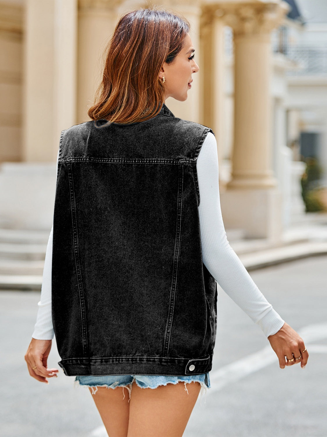 Pocketed Button Up Sleeveless Denim Jacket NicholesGifts