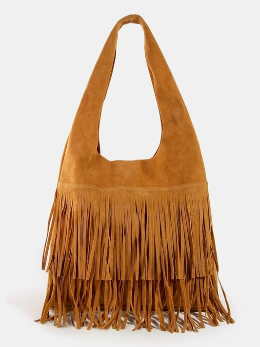 Fame Layered Fringe Detail Suede Hobo Bag NicholesGifts
