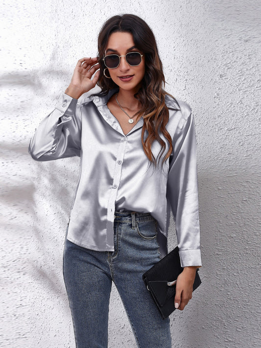 Collared Neck Buttoned Long Sleeve Shirt NicholesGifts