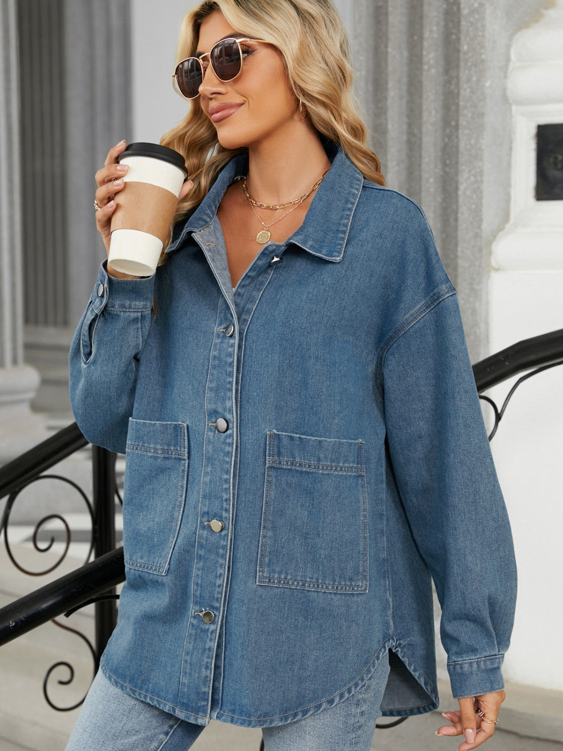 Removable Hood Button Up Long Sleeve Denim Jacket NicholesGifts