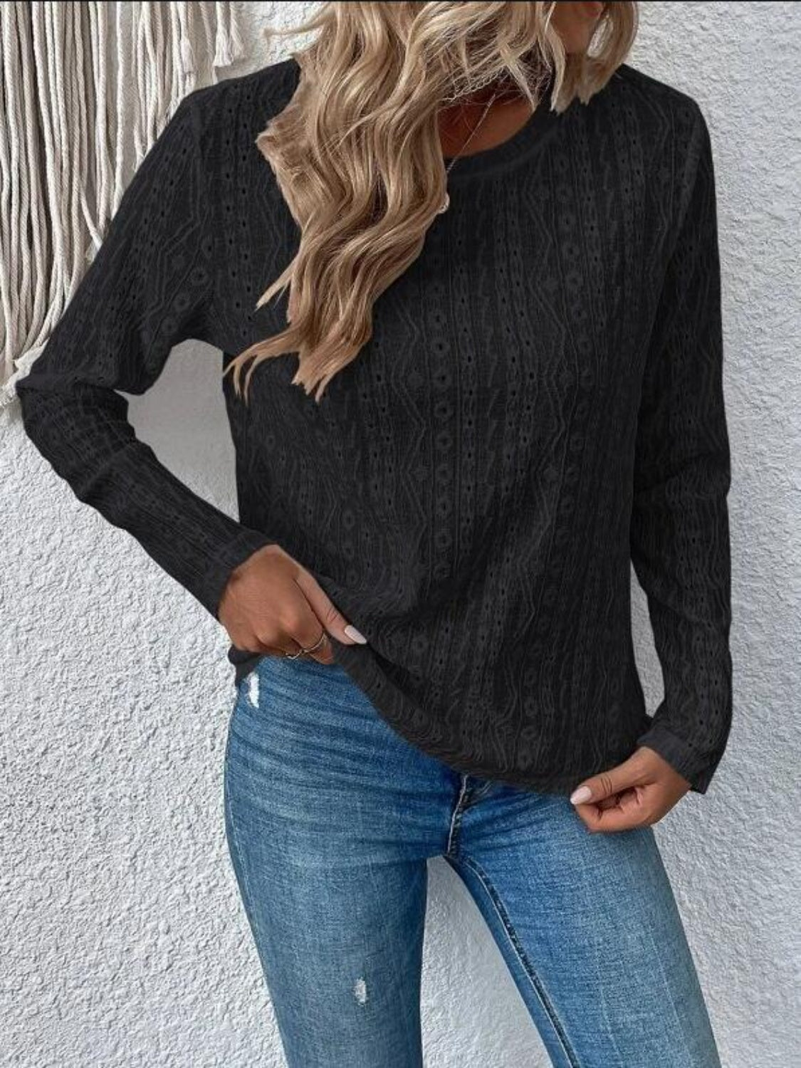 Women Eyelet Round Neck Long Sleeve Blouse
