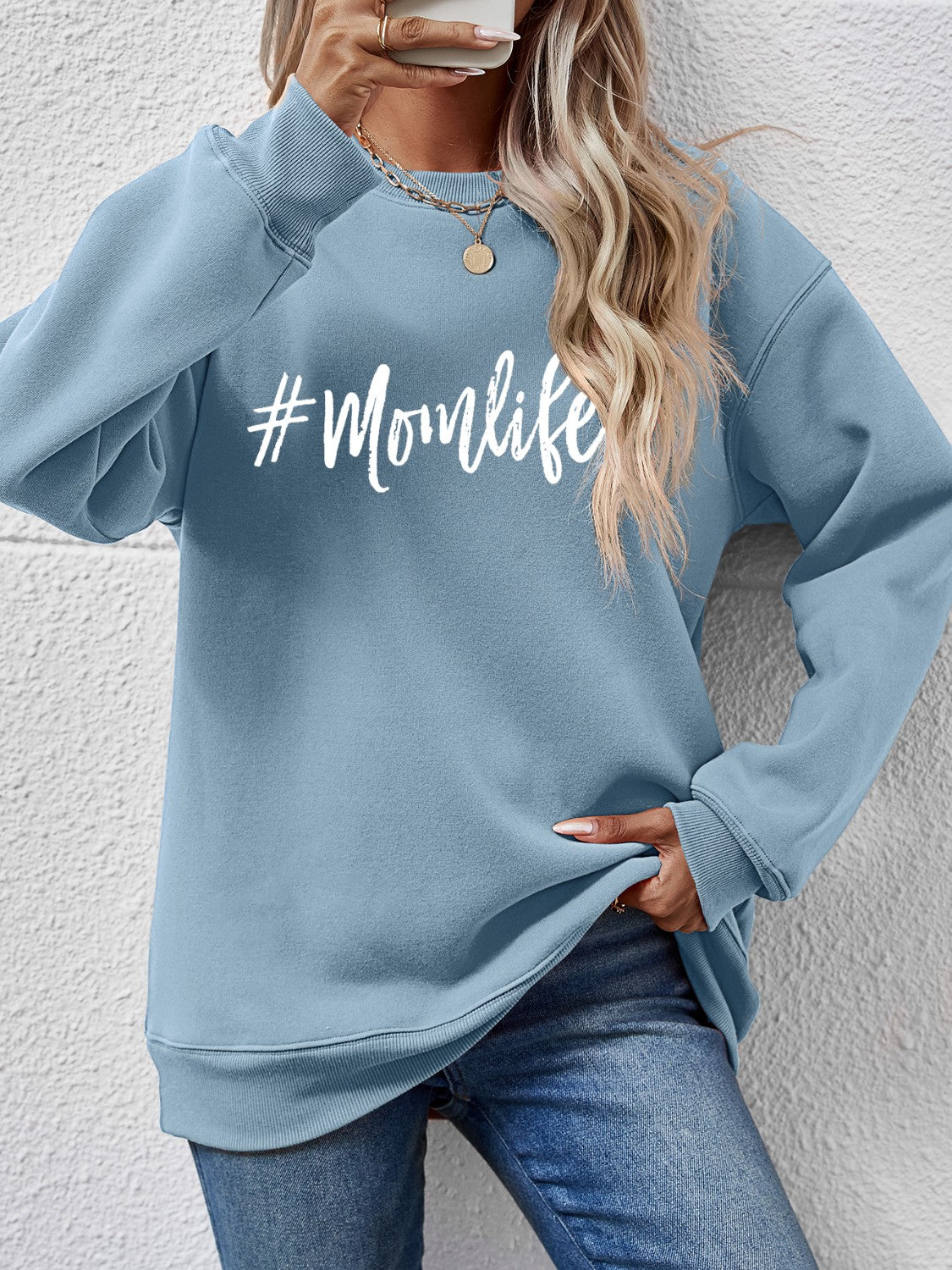 NicholesGifts Women Letter Graphic Mom Life Round Neck Sweatshirt NicholesGifts