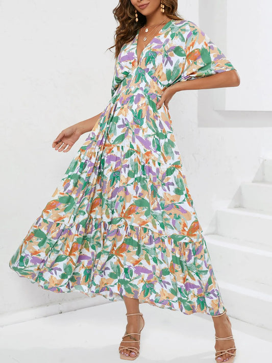 Floral Print V-neck Boho Midi Dress Trendsi