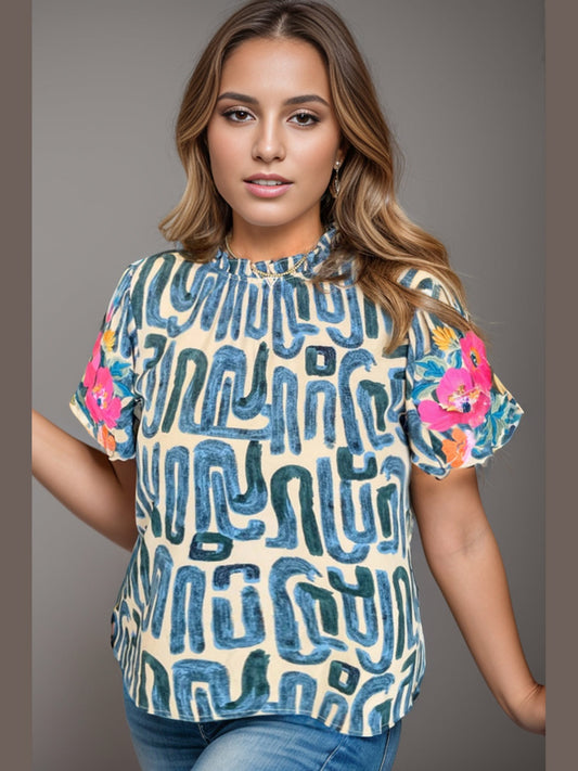 Plus Size Women Printed Mock Neck Short Sleeve Blouse NicholesGifts