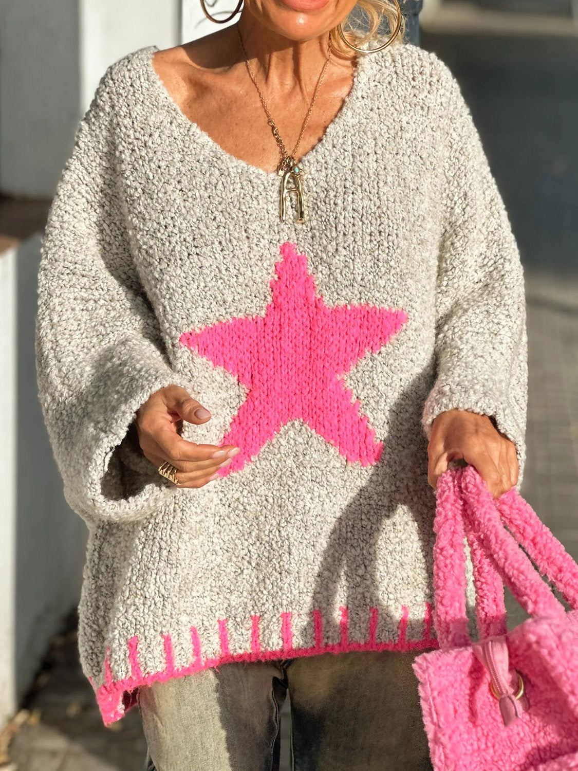 Star V-Neck Long Sleeve Oversize Sweater NicholesGifts