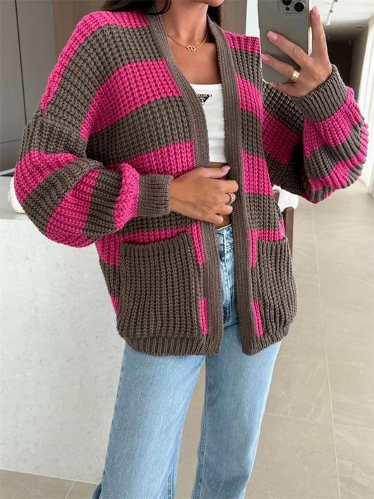 Striped Open Front Long Sleeve Cardigan Trendsi