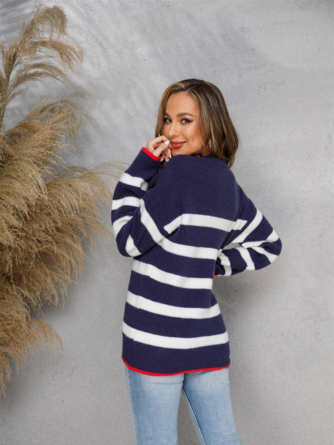 Angel Wings Striped Round Neck Dropped Shoulder Sweater Trendsi