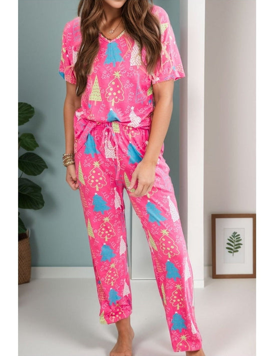 Printed V-Neck Short Sleeve Top and Pants Lounge Set NicholesGifts