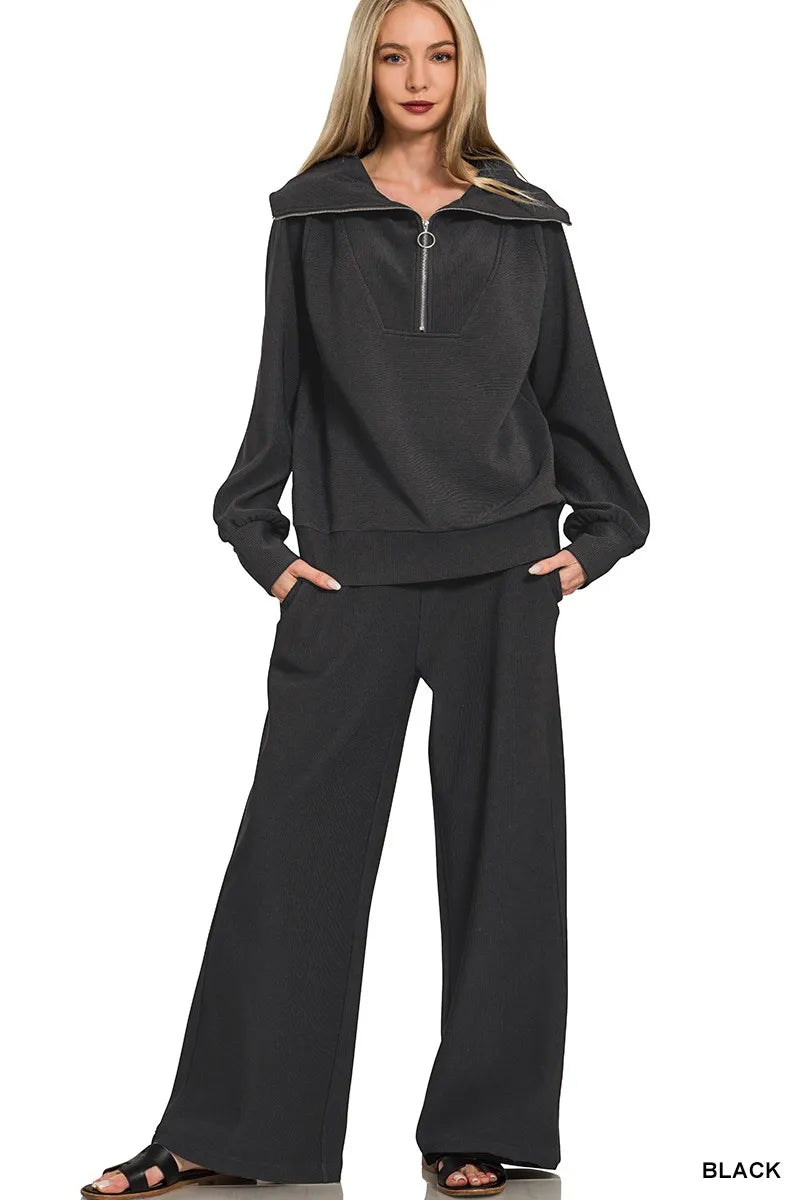 Zenana Ribbed High Neck Half Zip Pullover & Pants Set Trendsi