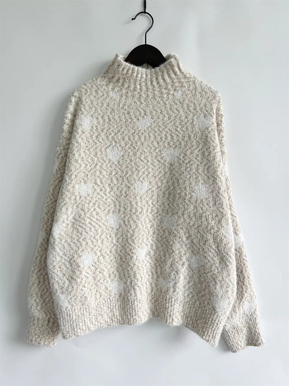Heart Heathered Turtleneck Drop Shoulder Sweater Trendsi