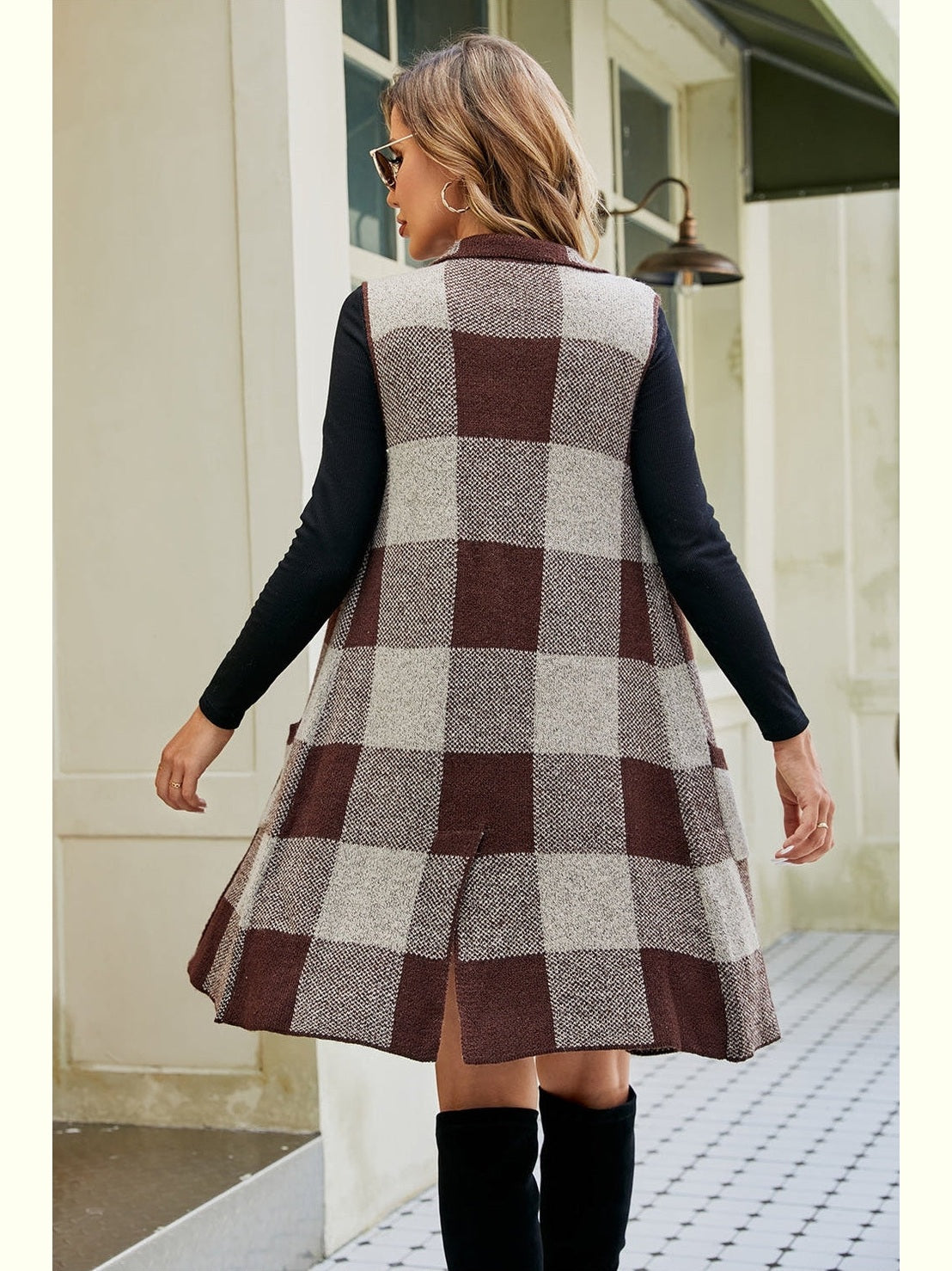 NicholesGifts Women Plaid Open Front Sleeveless Cardigan with Pockets