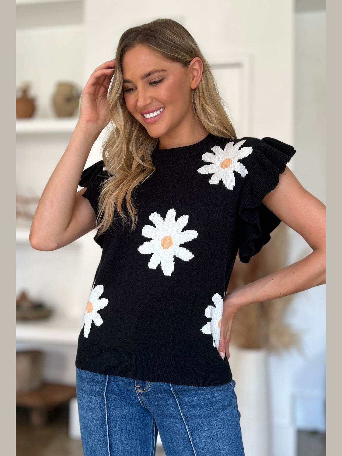 Women Double Take Full Size Ruffled Flower Round Neck Cap Sleeve Black Top NicholesGifts