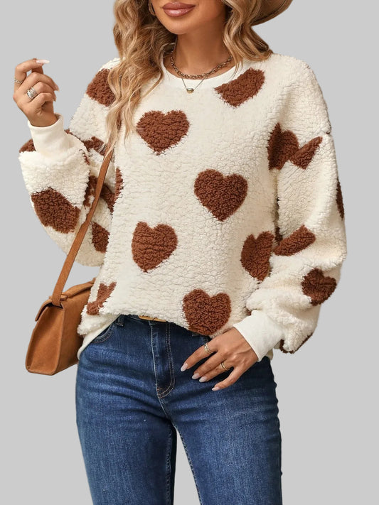 Women Fuzzy Heart Dropped Shoulder Sweatshirt nicholesgifts