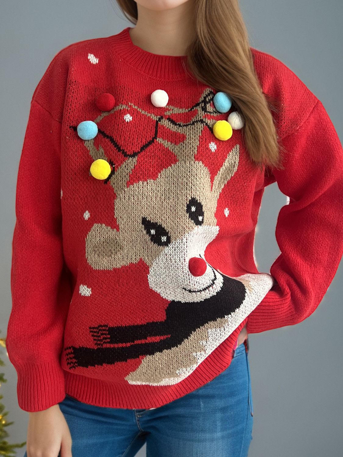 Reindeer Round Neck Long Sleeve Sweater NicholesGifts