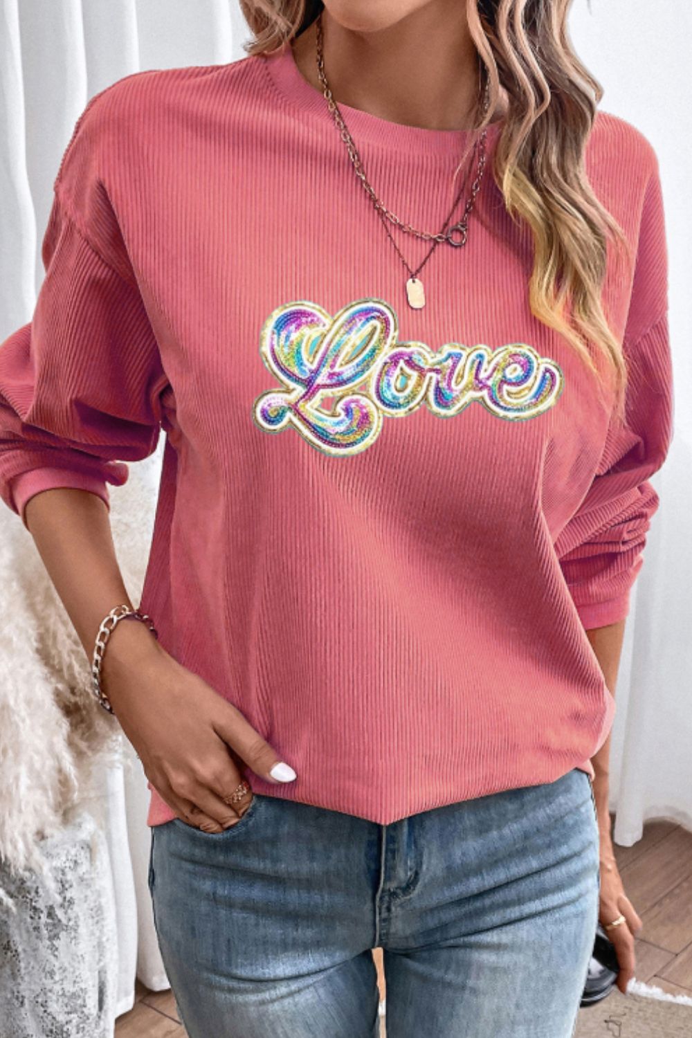 Women Valentine's Day LOVE Round Neck Long Sleeve Sweatshirt NicholesGifts