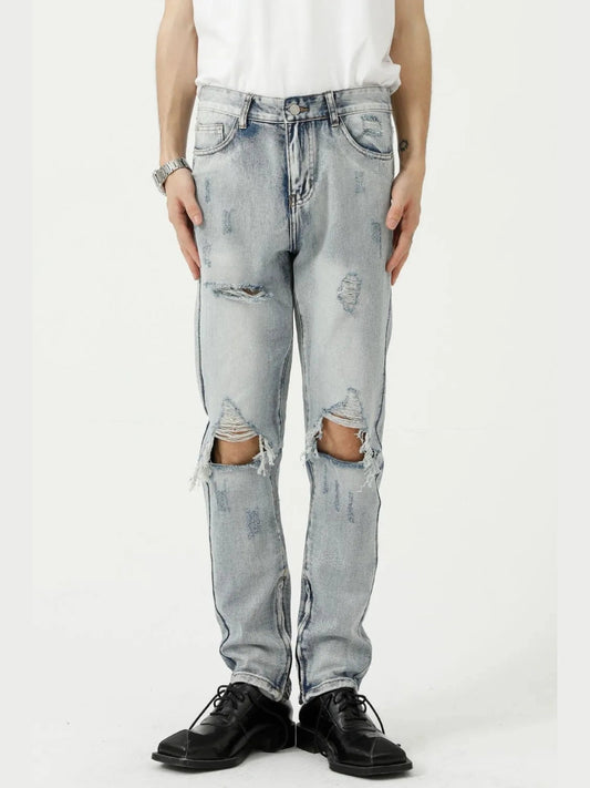 Distressed Side Zip Jeans with Pockets Trendsi
