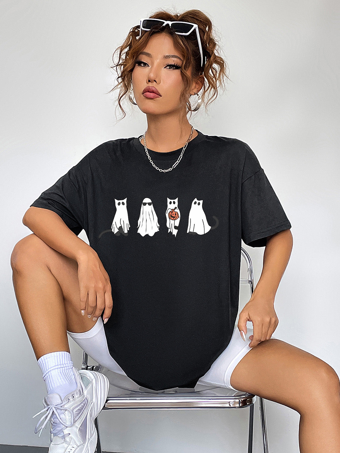 Women Round Neck Short Sleeve Ghost Graphic Halloween T-Shirt NicholesGifts
